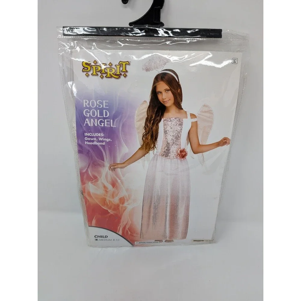 Spirit Halloween Rose Gold Angel Girls Costume Medium 8-10 NEW Gown Wings Halo
